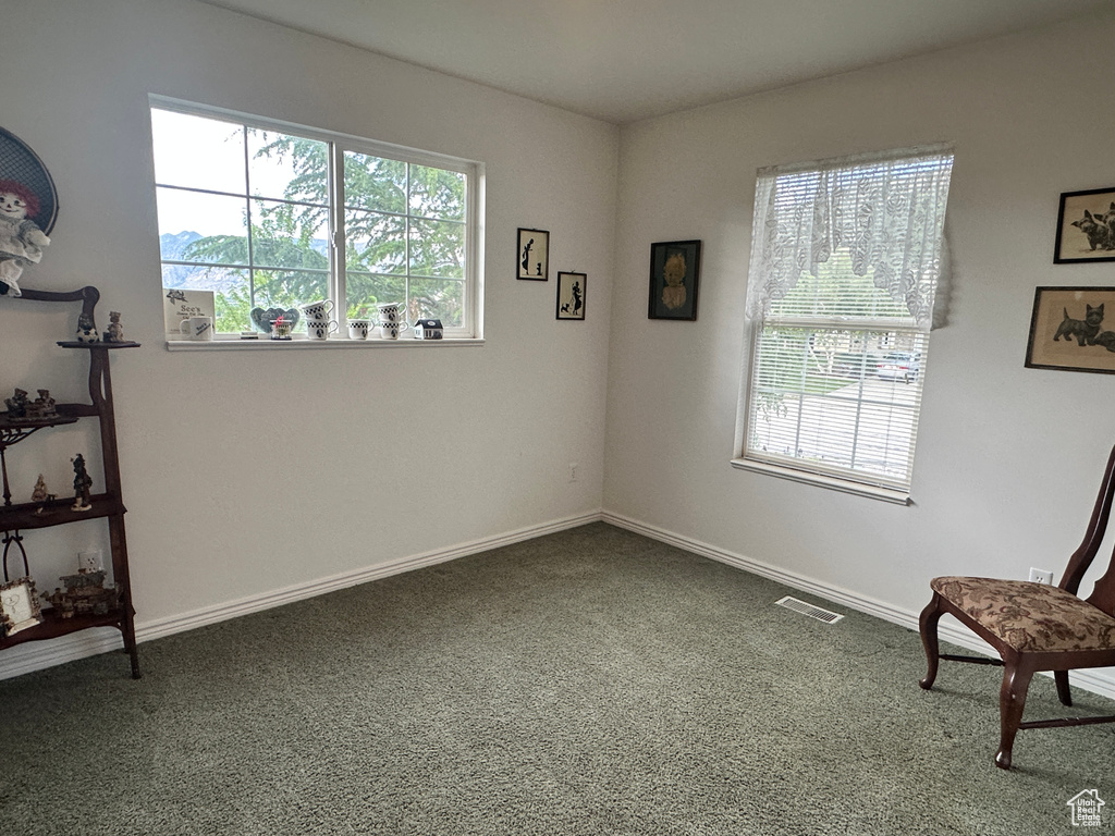 Unfurnished room with dark colored carpet, plenty of natural light, and baseboards