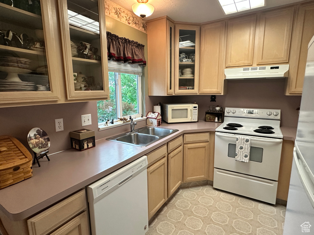 Kitchen with white appliances, under cabinet range hood, a sink, light countertops, and light brown cabinets