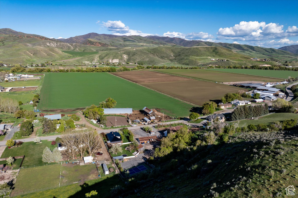 View of property location with rural landscape, abundant farmland, and a mountainous background