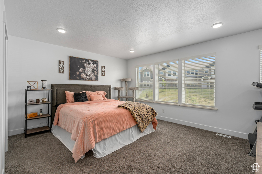 Bedroom featuring a textured ceiling, baseboards, carpet flooring, and recessed lighting