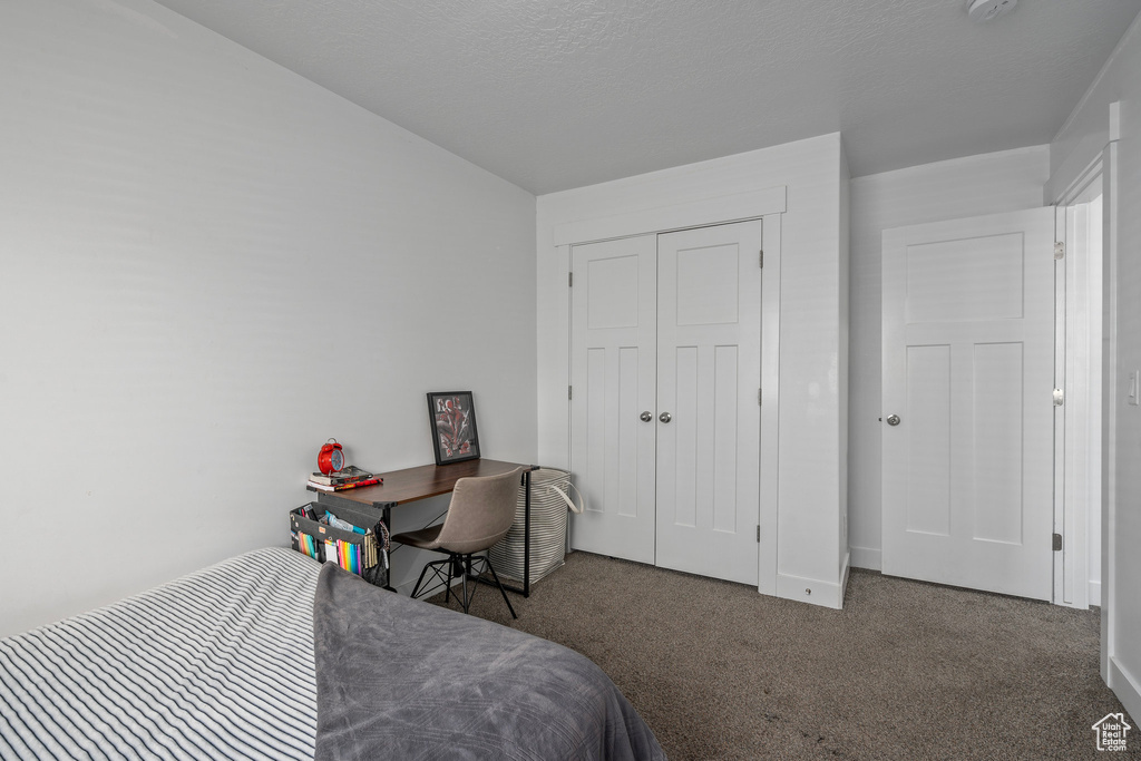 Carpeted bedroom featuring baseboards and a closet
