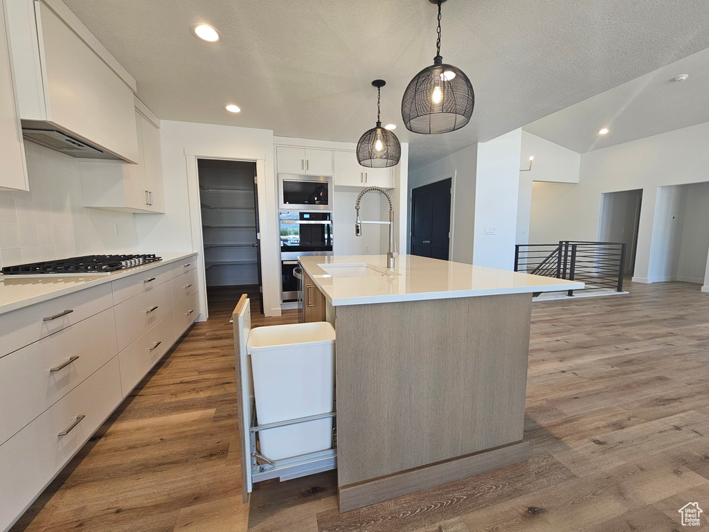 Kitchen with stainless steel appliances, a sink, light wood-style flooring, light countertops, and recessed lighting