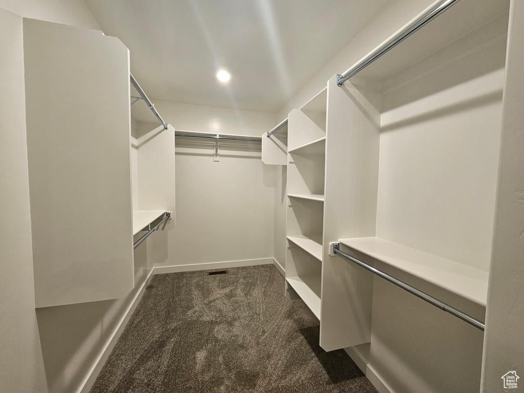 Walk in closet featuring dark carpet