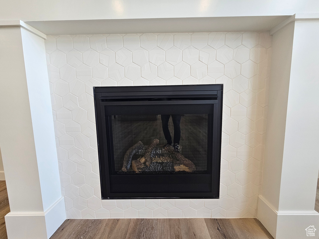 Detailed view of a glass covered fireplace and wood finished floors