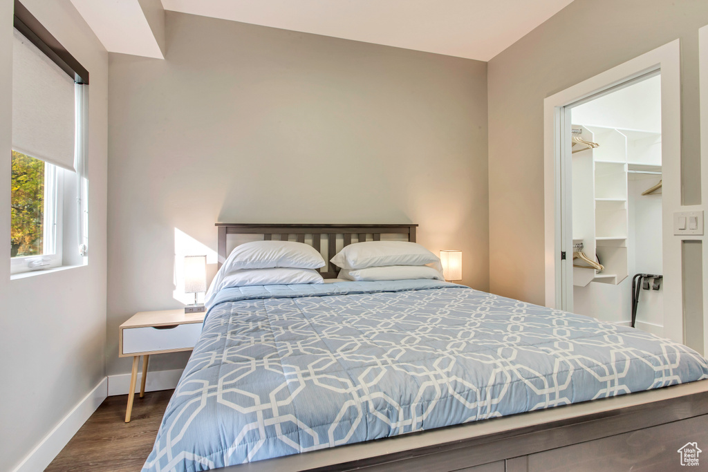 Bedroom featuring wood finished floors, a spacious closet, baseboards, and a closet