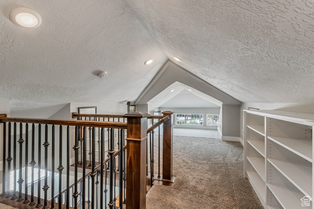 Additional living space with a textured ceiling, carpet floors, vaulted ceiling, and baseboards