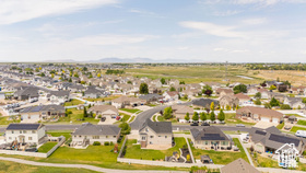 Aerial view of residential area with mountains