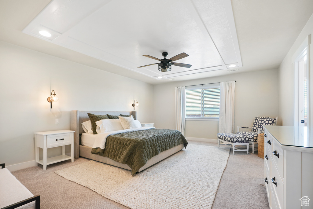 Bedroom with light carpet, baseboards, recessed lighting, and ceiling fan
