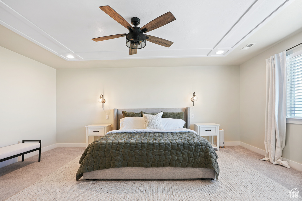 Carpeted bedroom featuring attic access, baseboards, and recessed lighting