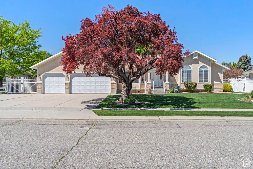 View of property hidden behind natural elements featuring a gate, concrete driveway, stucco siding, and a garage