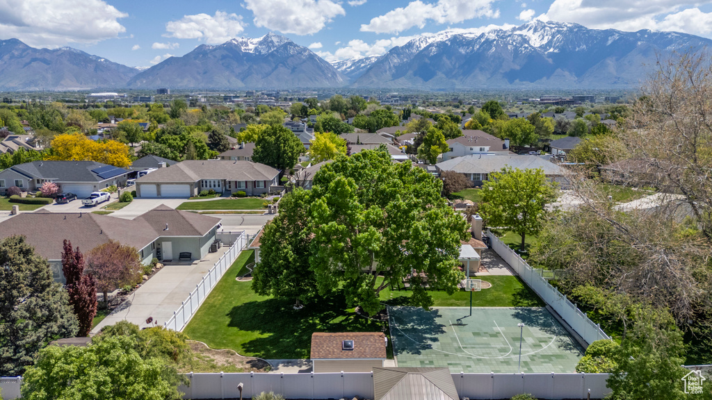 Aerial perspective of suburban area with mountains