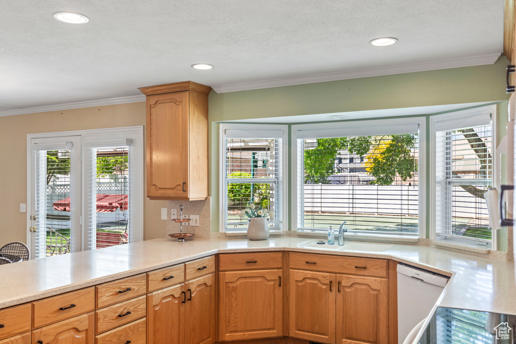 Kitchen with a sink, white dishwasher, light countertops, ornamental molding, and recessed lighting