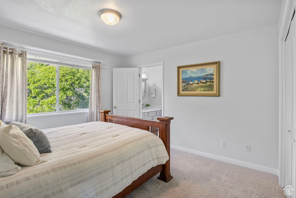 Carpeted bedroom with baseboards and connected bathroom