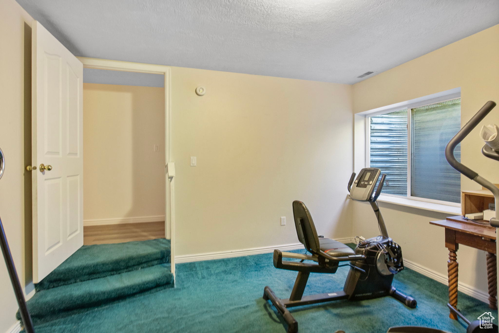 Exercise room with carpet flooring, a textured ceiling, and baseboards