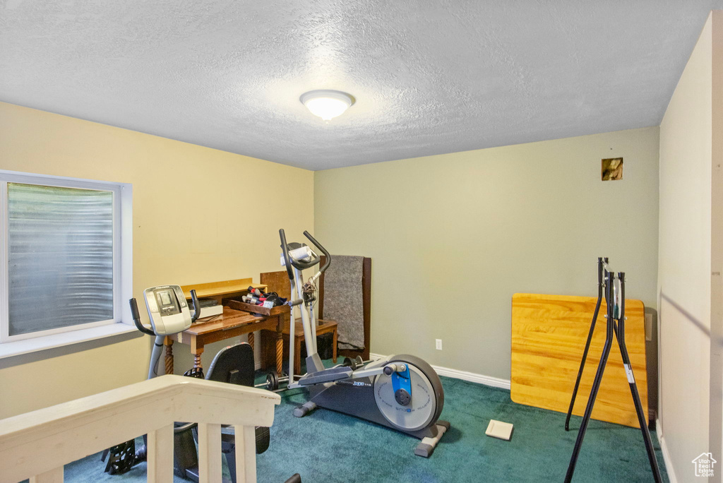 Workout area with carpet, a textured ceiling, and baseboards