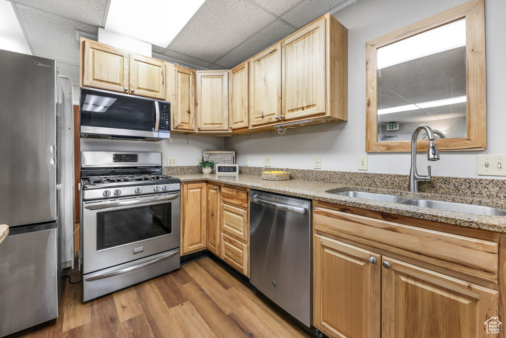 Kitchen with light brown cabinetry, wood finished floors, a paneled ceiling, a sink, and stainless steel appliances