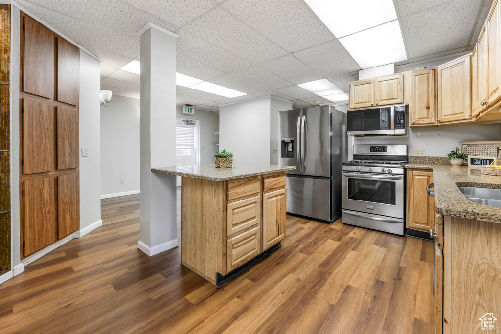 Kitchen featuring light stone countertops, appliances with stainless steel finishes, light brown cabinets, a paneled ceiling, and wood finished floors