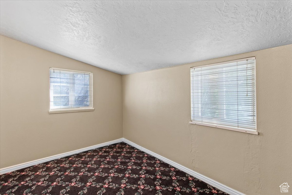 Carpeted spare room featuring lofted ceiling, a textured ceiling, and baseboards
