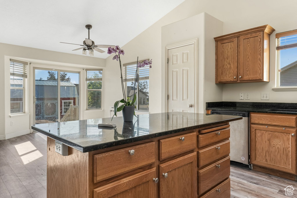 Kitchen with lofted ceiling, plenty of natural light, ceiling fan, stainless steel dishwasher, and light wood-type flooring