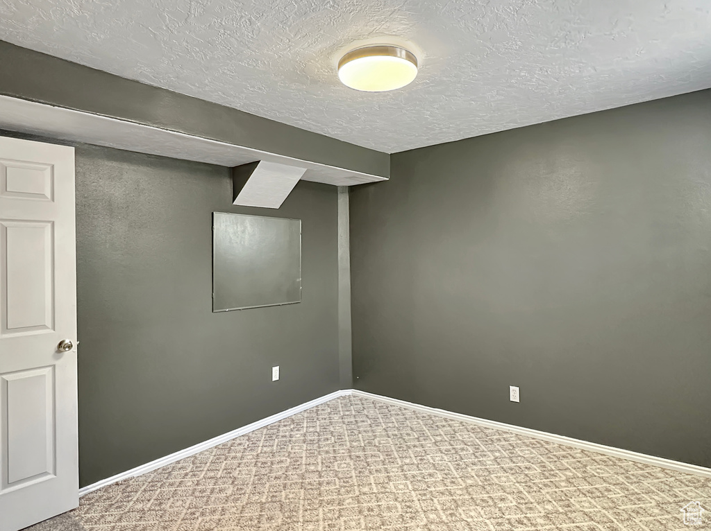 Finished basement featuring a textured ceiling, baseboards, and carpet