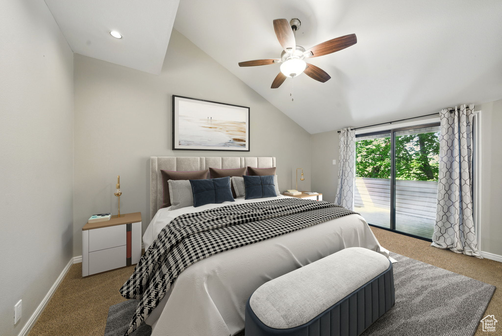 Bedroom with carpet flooring, access to outside, lofted ceiling, baseboards, and a ceiling fan