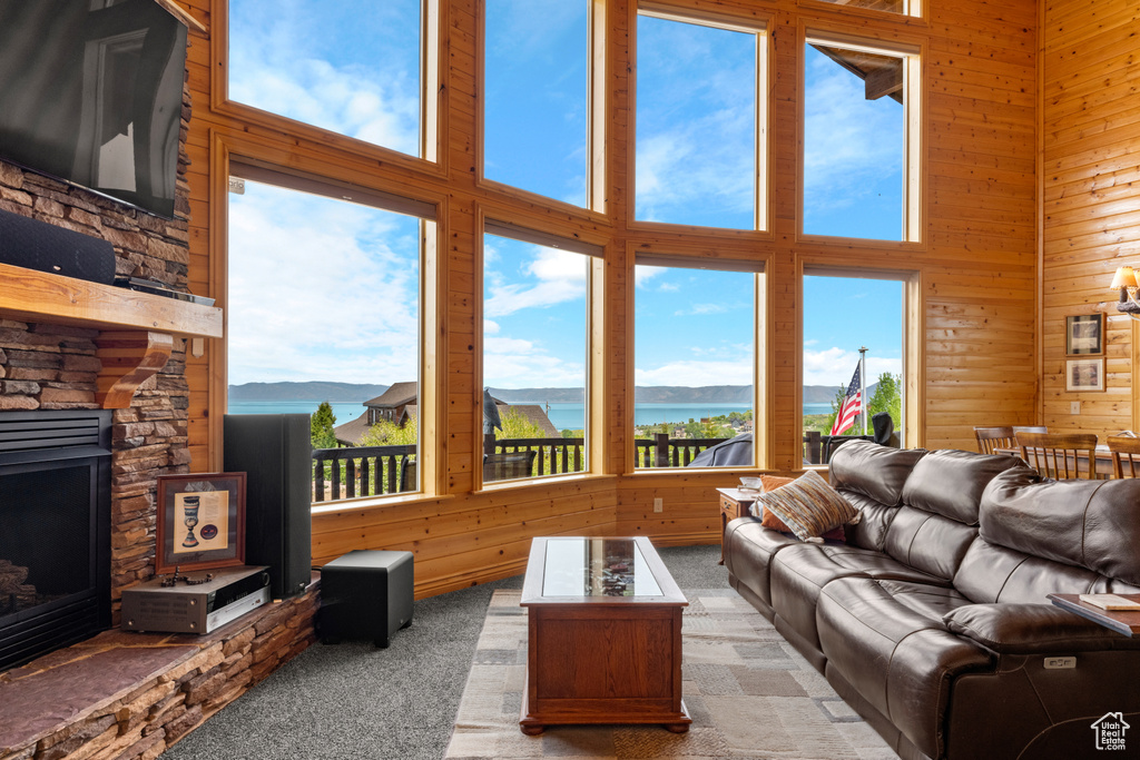 Living area featuring a water view, light carpet, a high ceiling, healthy amount of natural light, and wood walls