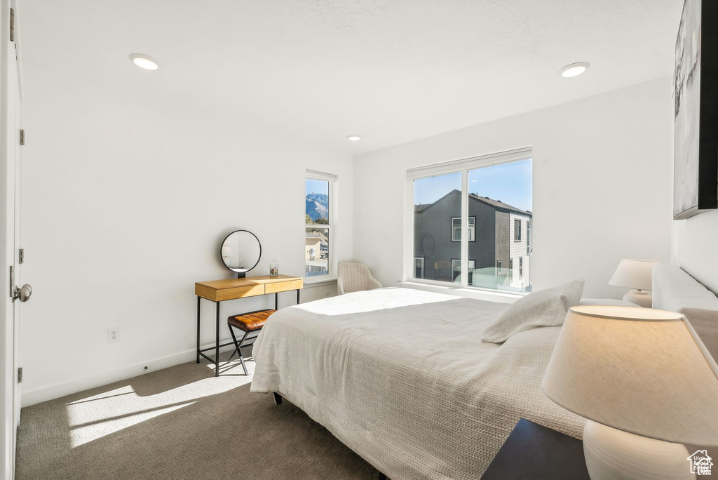Bedroom with carpet flooring, baseboards, and recessed lighting