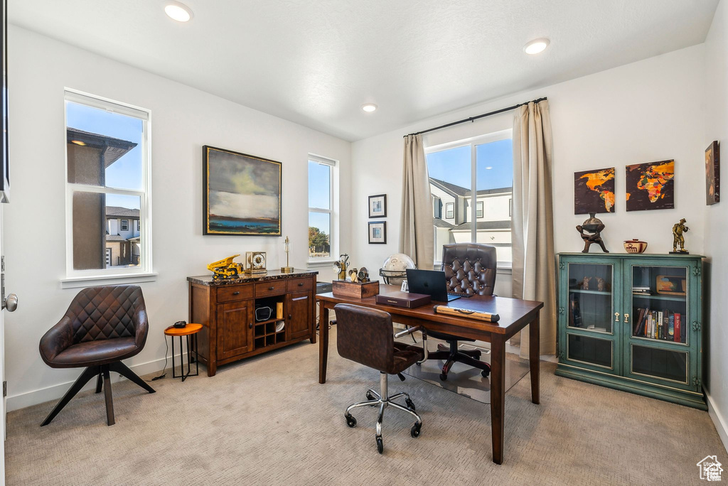 Office featuring light carpet, baseboards, and recessed lighting