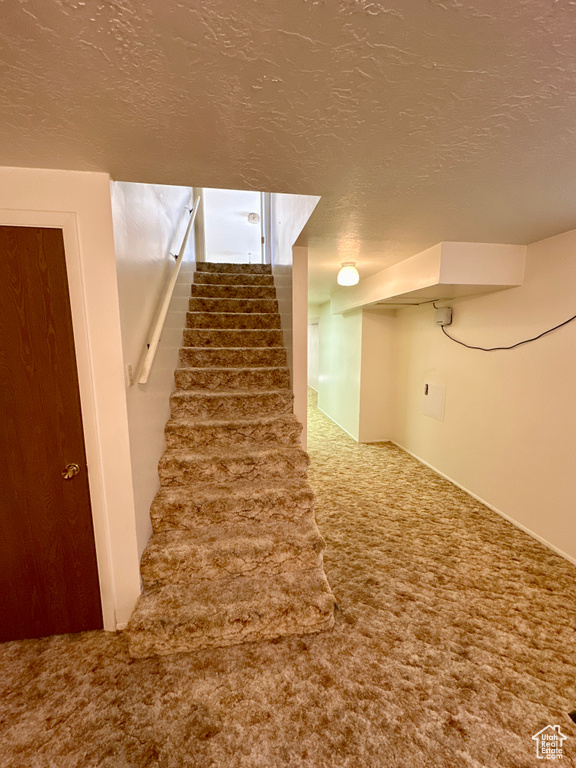 Stairs with carpet flooring and a textured ceiling