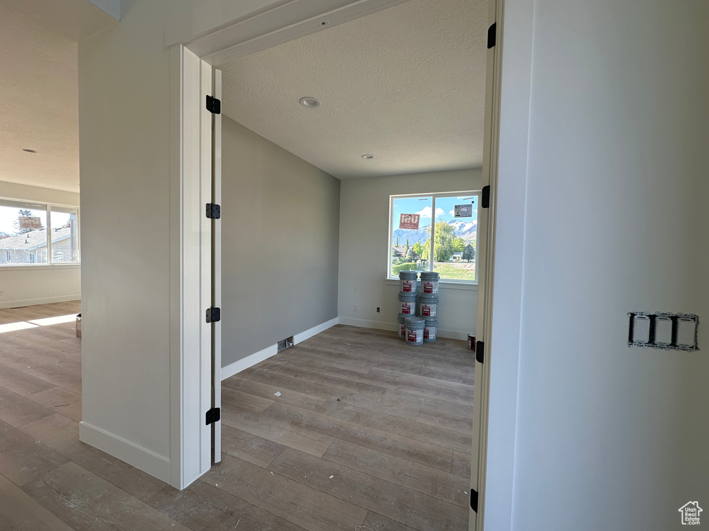 Hallway with wood-type flooring, baseboards, healthy amount of natural light, and a textured ceiling