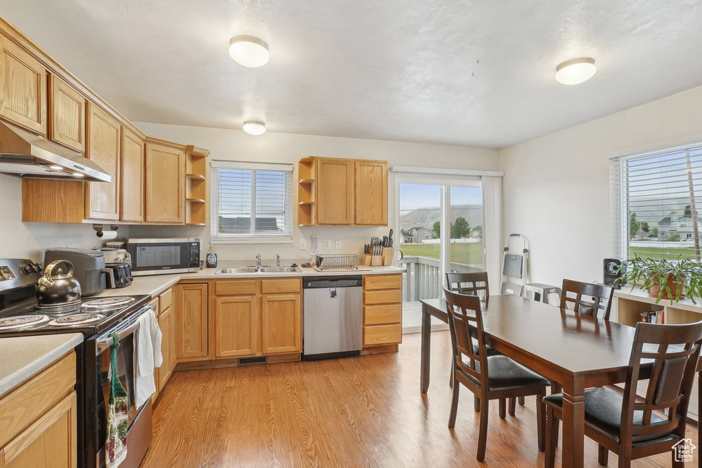 Kitchen with stainless steel appliances, open shelves, under cabinet range hood, and plenty of natural light