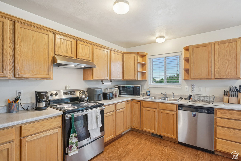 Kitchen with appliances with stainless steel finishes, under cabinet range hood, a sink, open shelves, and light wood-type flooring