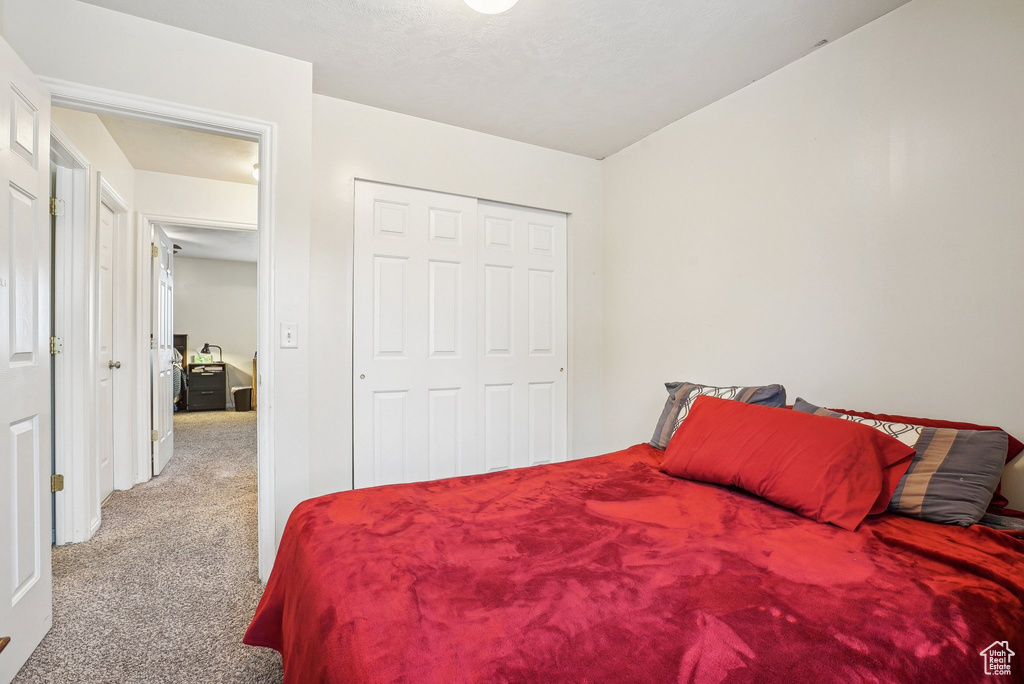 Carpeted bedroom with a closet