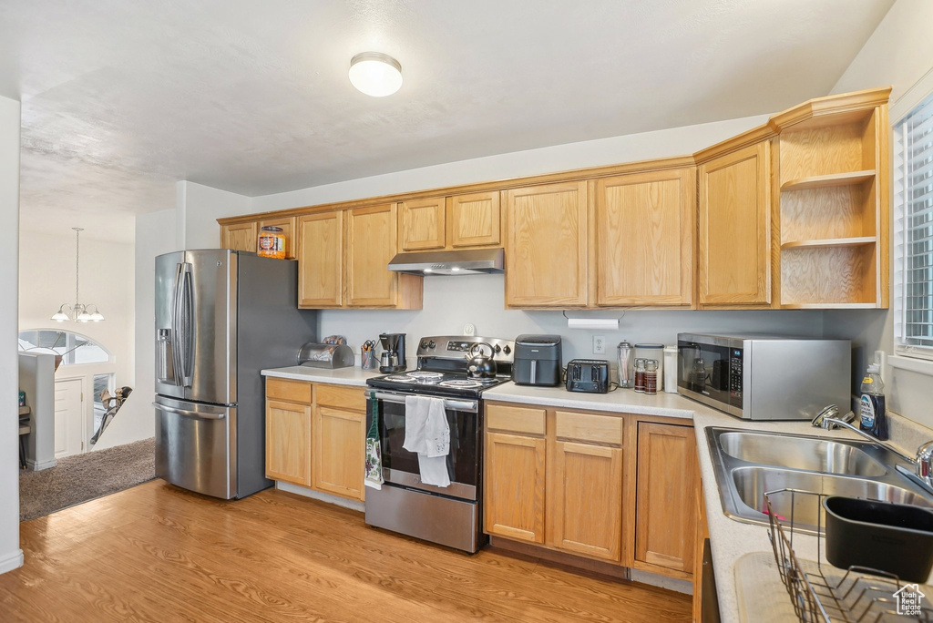 Kitchen featuring stainless steel appliances, under cabinet range hood, a sink, light wood-style floors, and light countertops