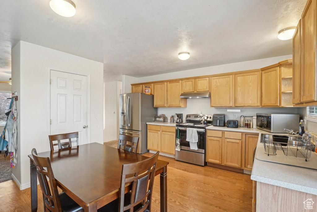 Kitchen with appliances with stainless steel finishes, a sink, light countertops, and light wood-style floors
