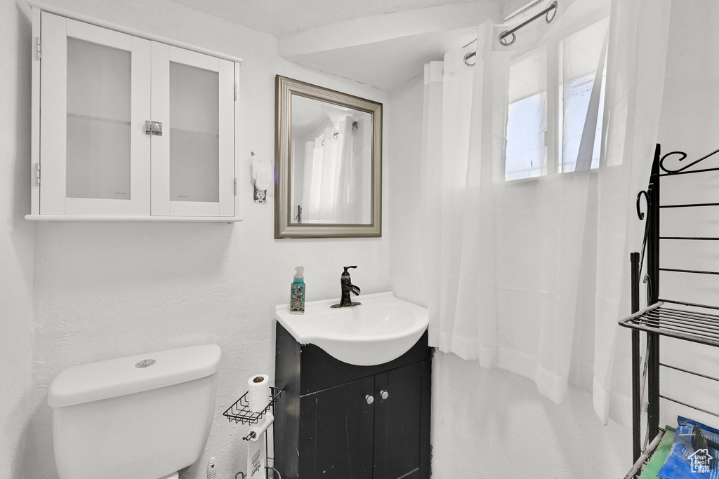 Bathroom with vanity, toilet, and a shower with shower curtain