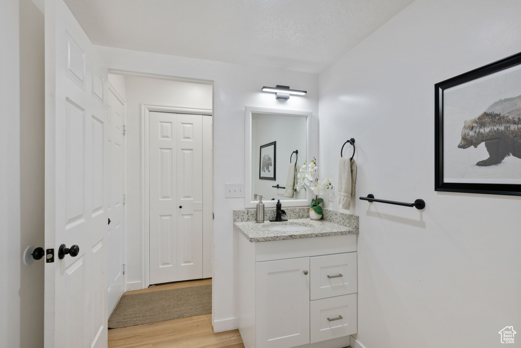 Bathroom with wood finished floors, vanity, and baseboards