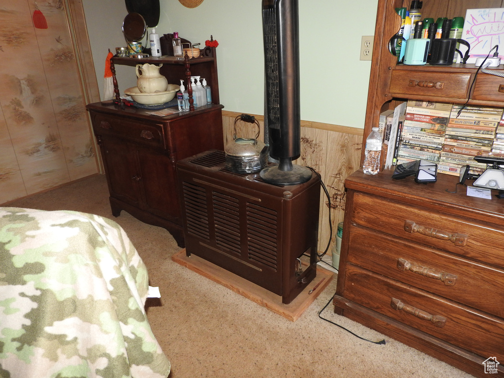Carpeted bedroom with a wainscoted wall