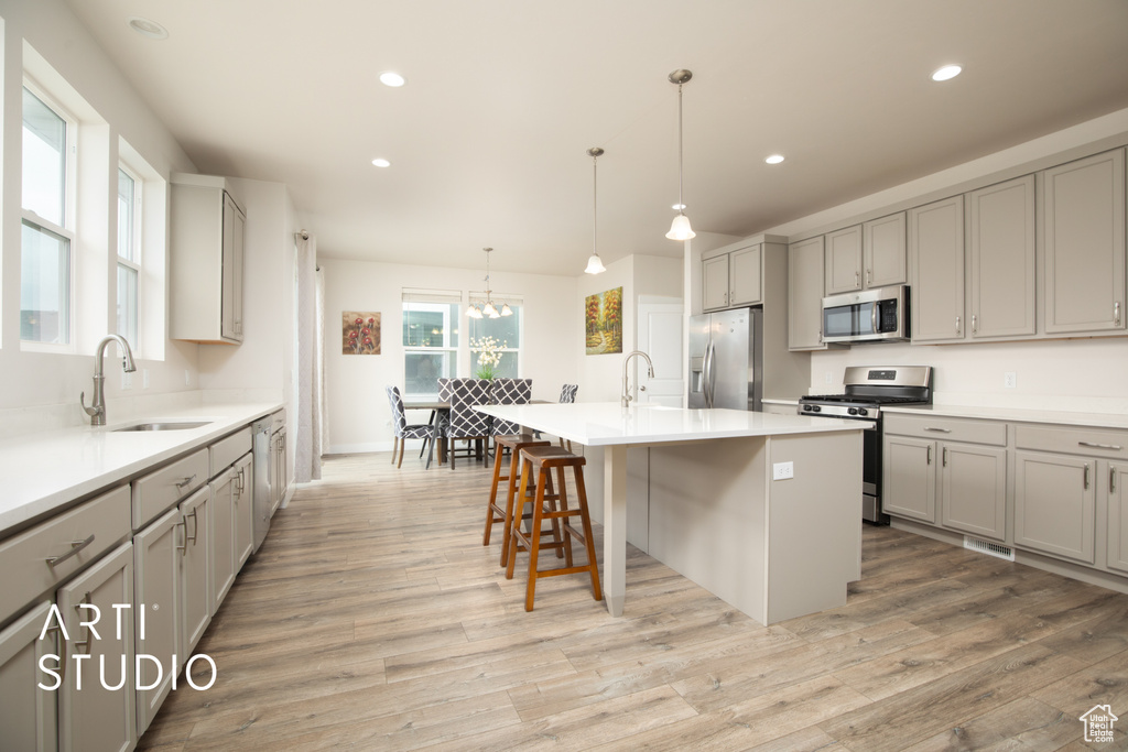 Kitchen with stainless steel appliances, a sink, gray cabinetry, light wood-style flooring, and recessed lighting