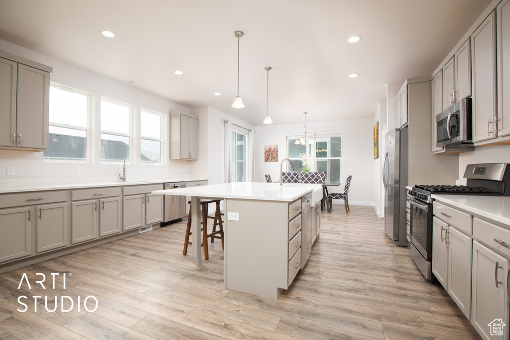 Kitchen featuring appliances with stainless steel finishes, a kitchen island with sink, light wood-style flooring, gray cabinetry, and a sink