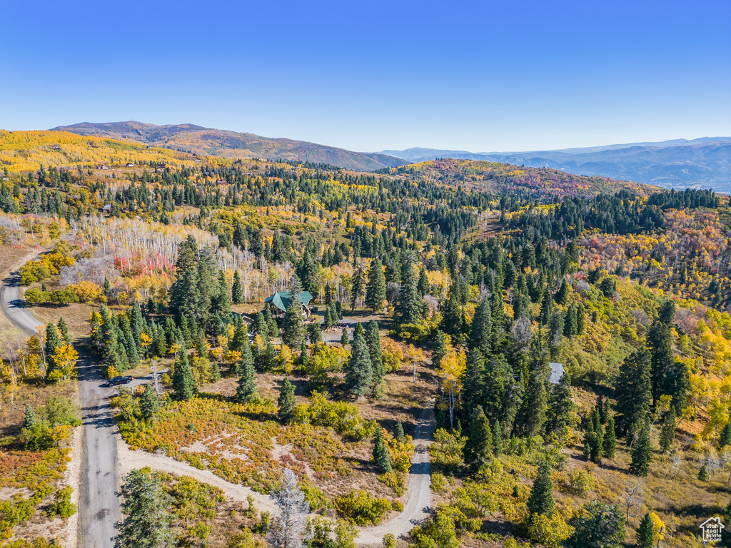 Bird\'s eye view with a wooded view and a mountain view