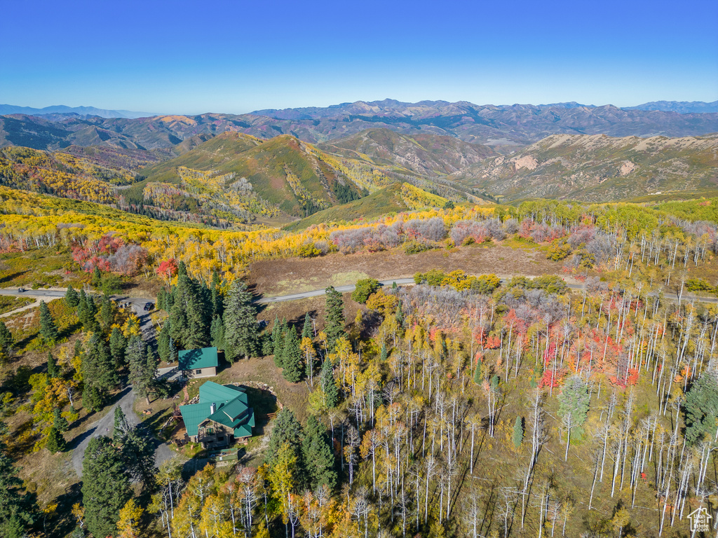 Bird\'s eye view featuring a wooded view and a mountain view