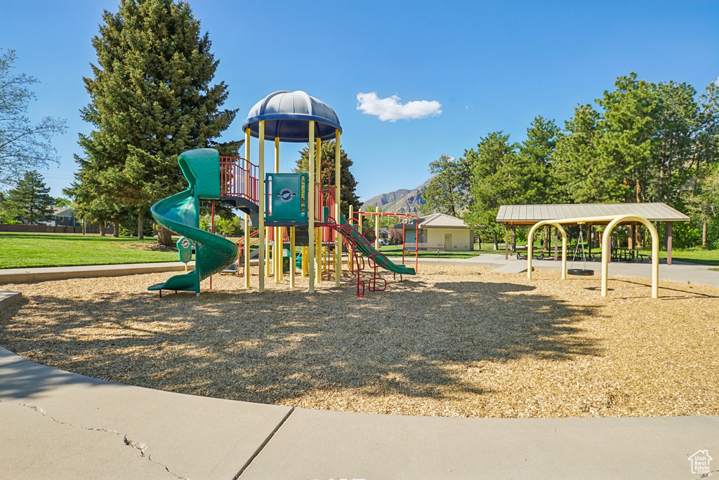 Community playground with a mountain view