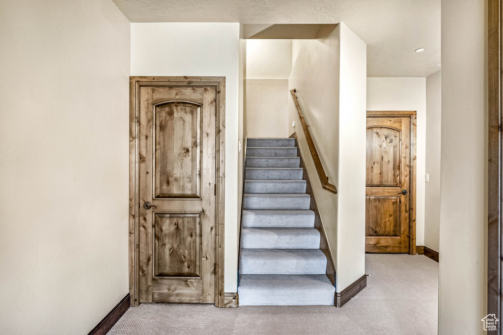 Stairs featuring carpet floors and baseboards