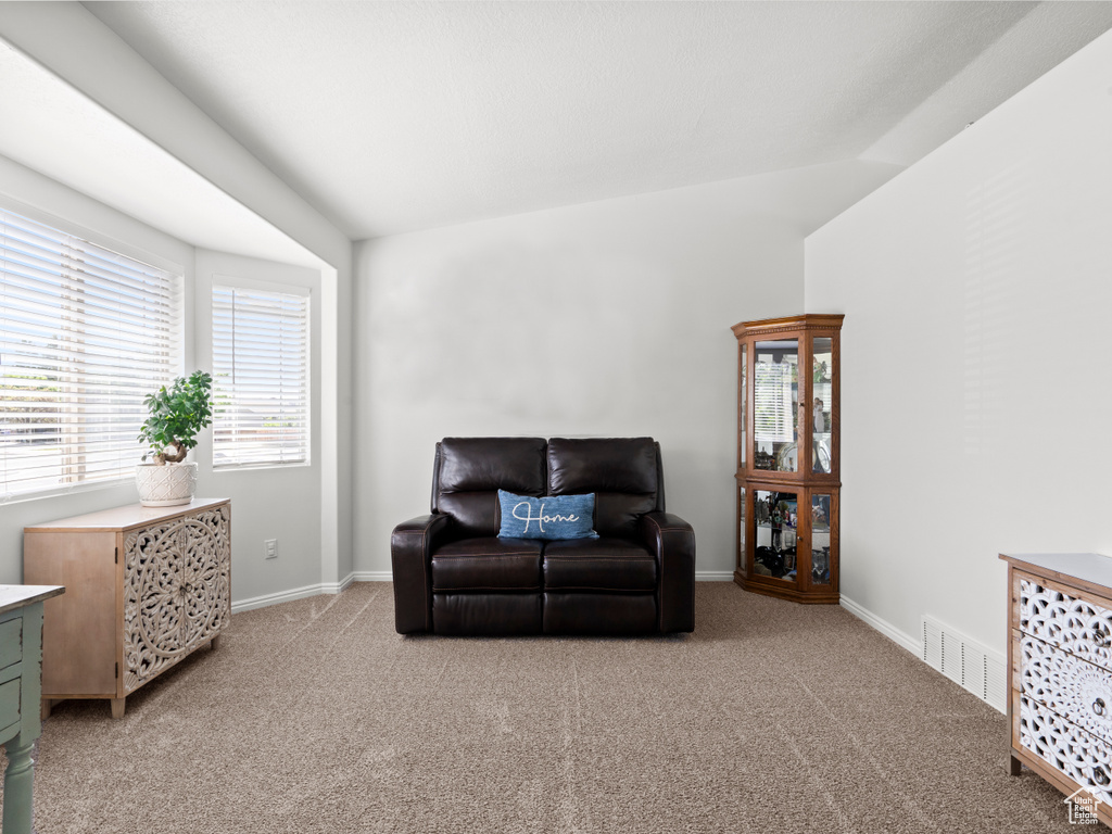 Sitting room featuring carpet floors and baseboards