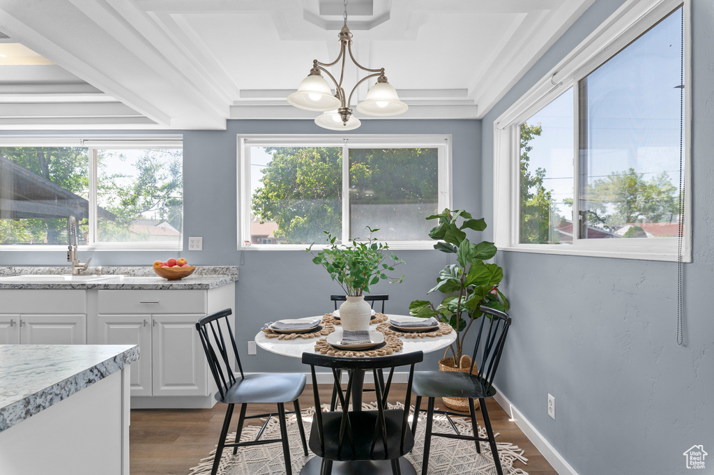 Dining space featuring dark wood-style floors, healthy amount of natural light, and a chandelier
