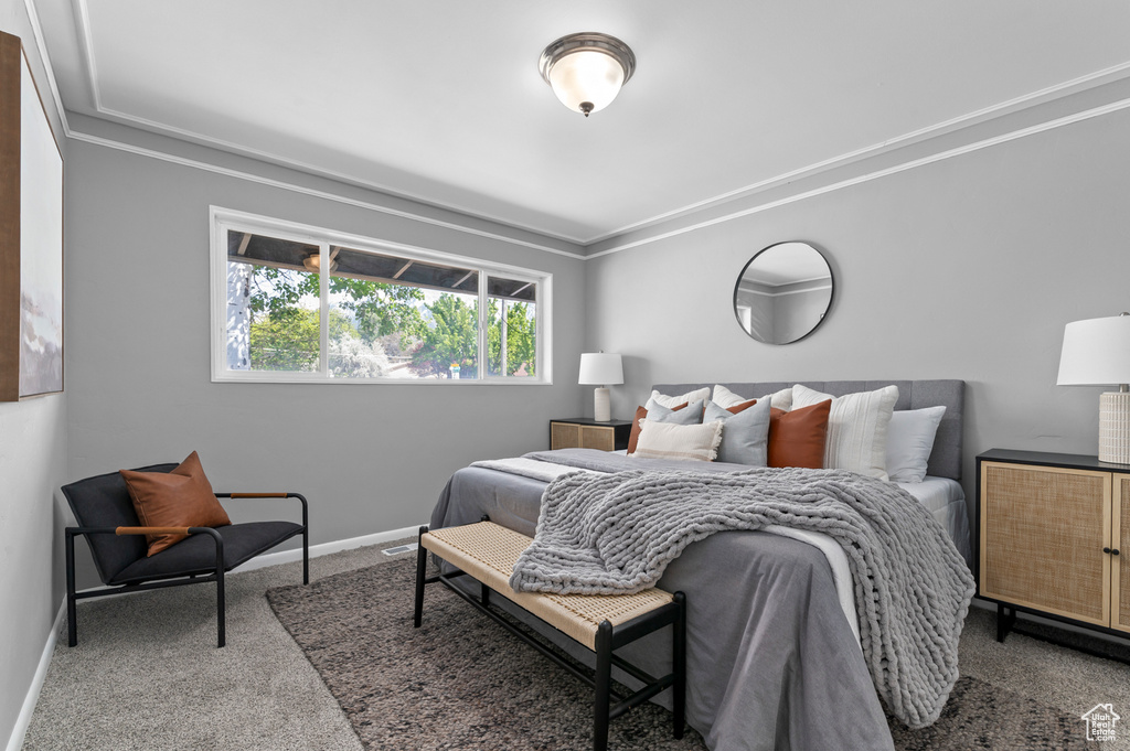 Carpeted bedroom featuring ornamental molding and baseboards