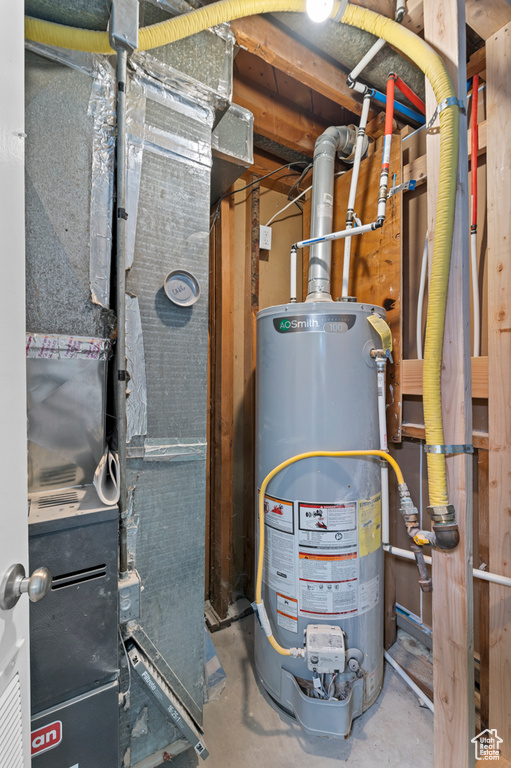 Utility room with water heater and heating unit