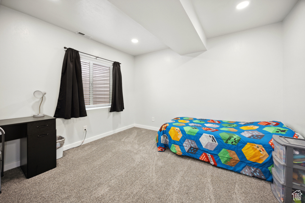 Bedroom featuring carpet, recessed lighting, and baseboards
