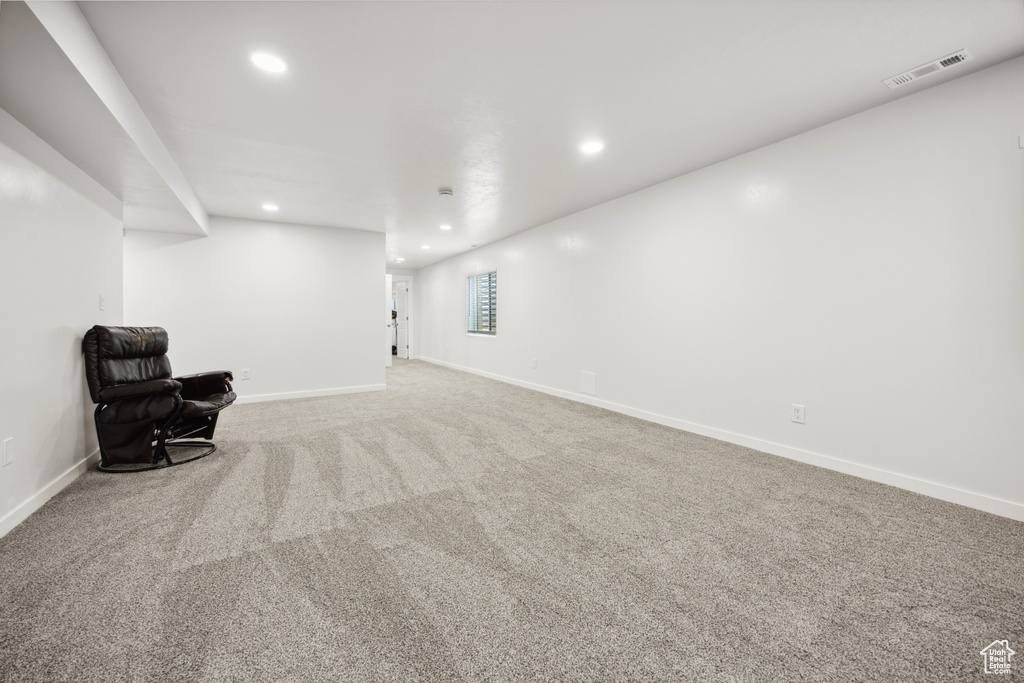 Unfurnished room featuring recessed lighting, carpet floors, and baseboards
